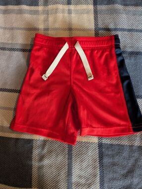Red Athletic Drawstring Shorts with Navy Side Panel